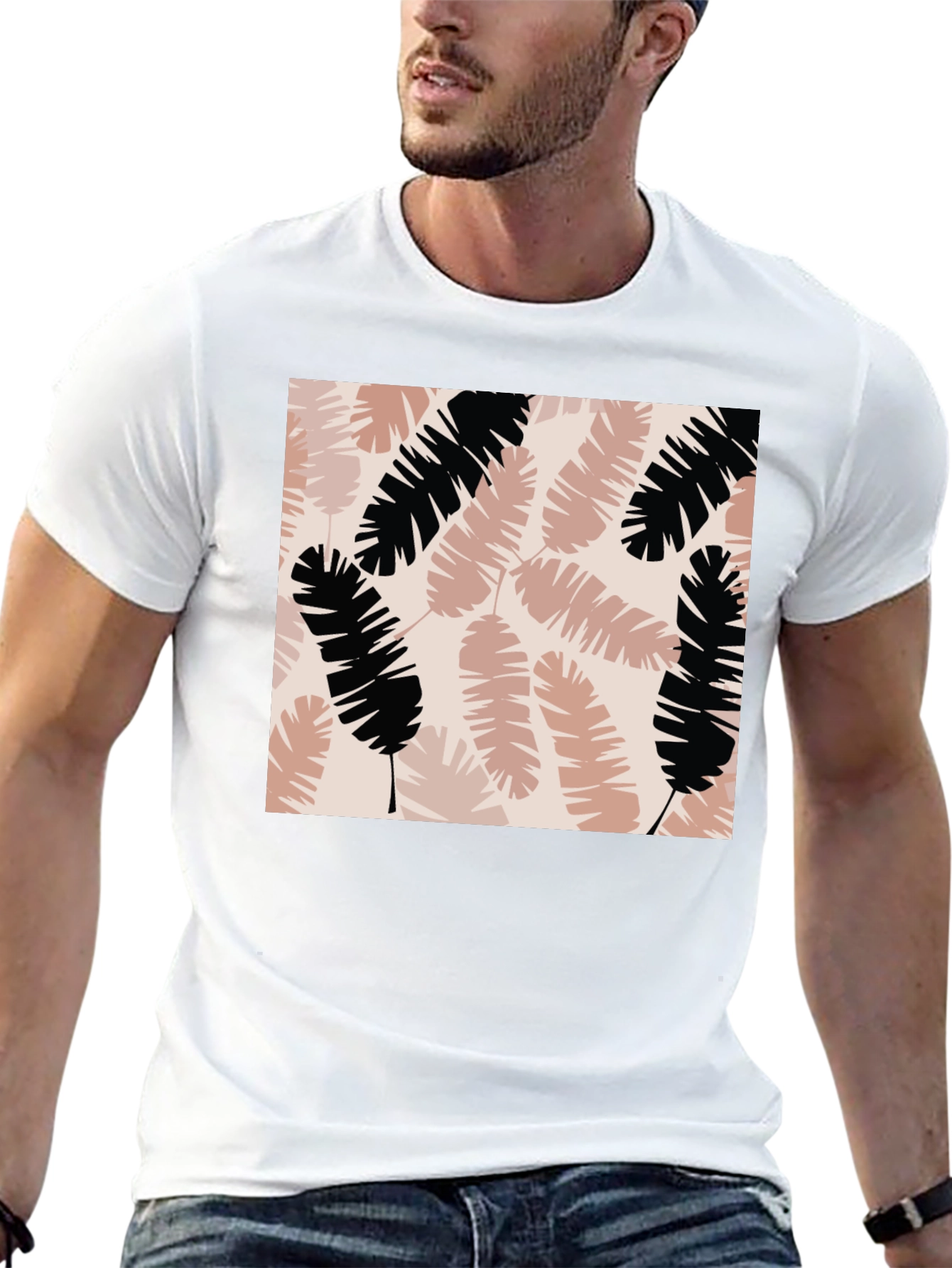 Tropical Leaves Print Black T-Shirt