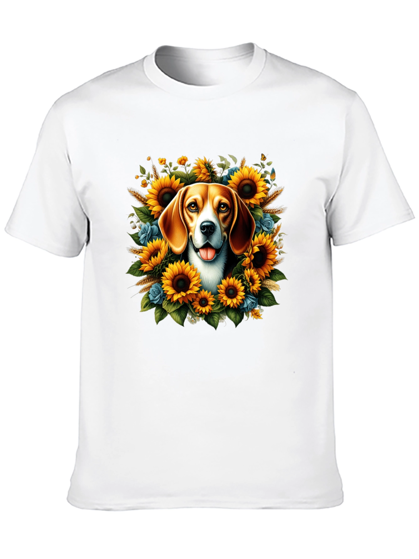 Dog Surrounded by Sunflowers Black T-Shirt