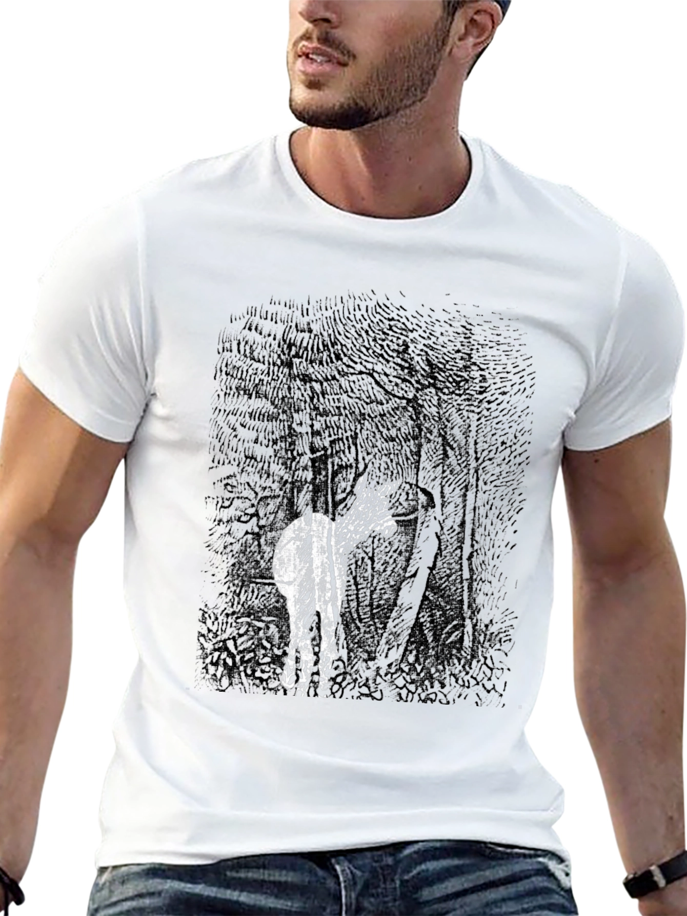 Abstract Deer in Woods Graphic Tee - Black