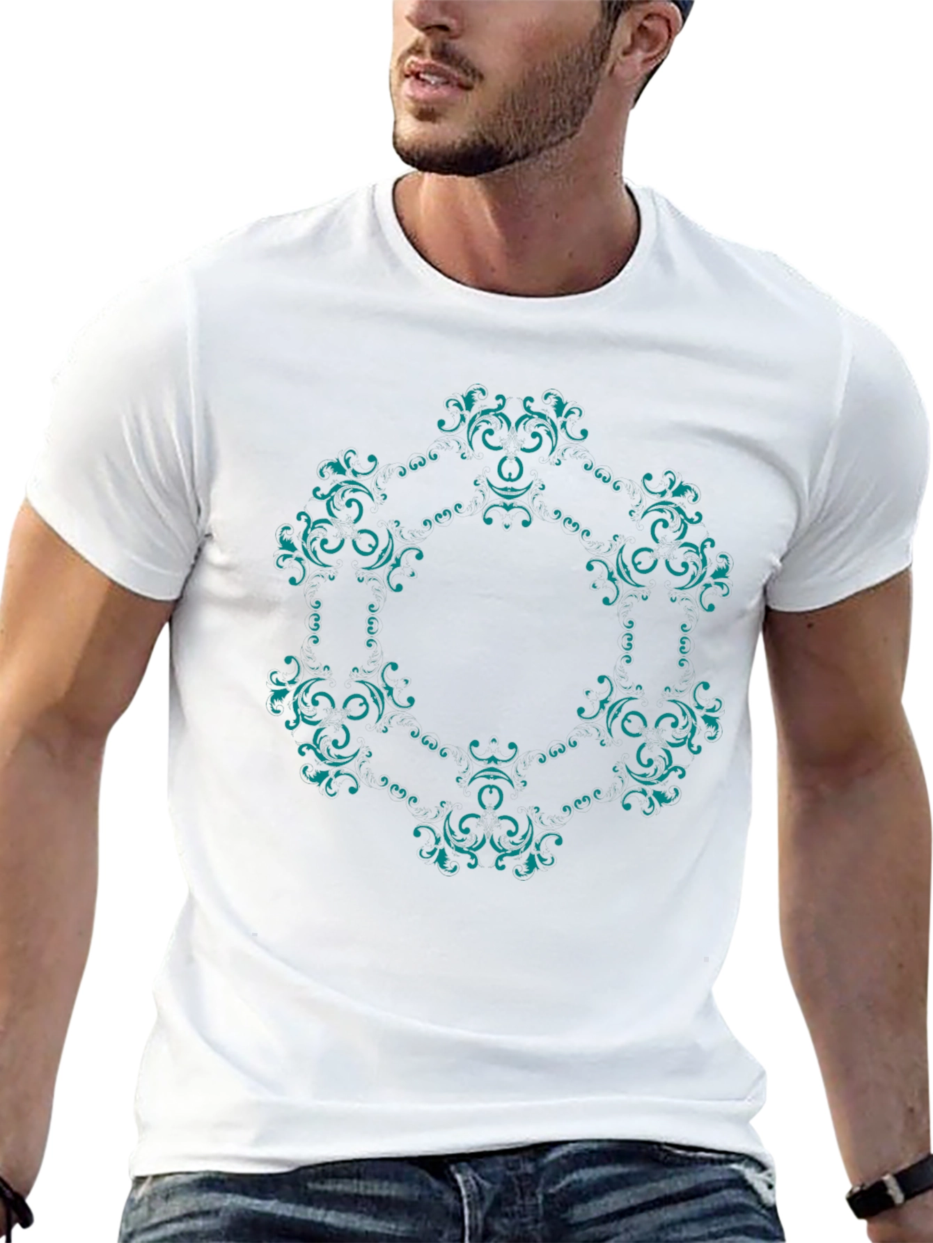 Ornate Teal Mandala Graphic Black T-Shirt