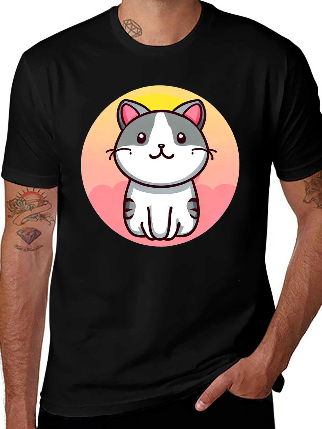 Cute Cartoon Cat Graphic Black T-Shirt