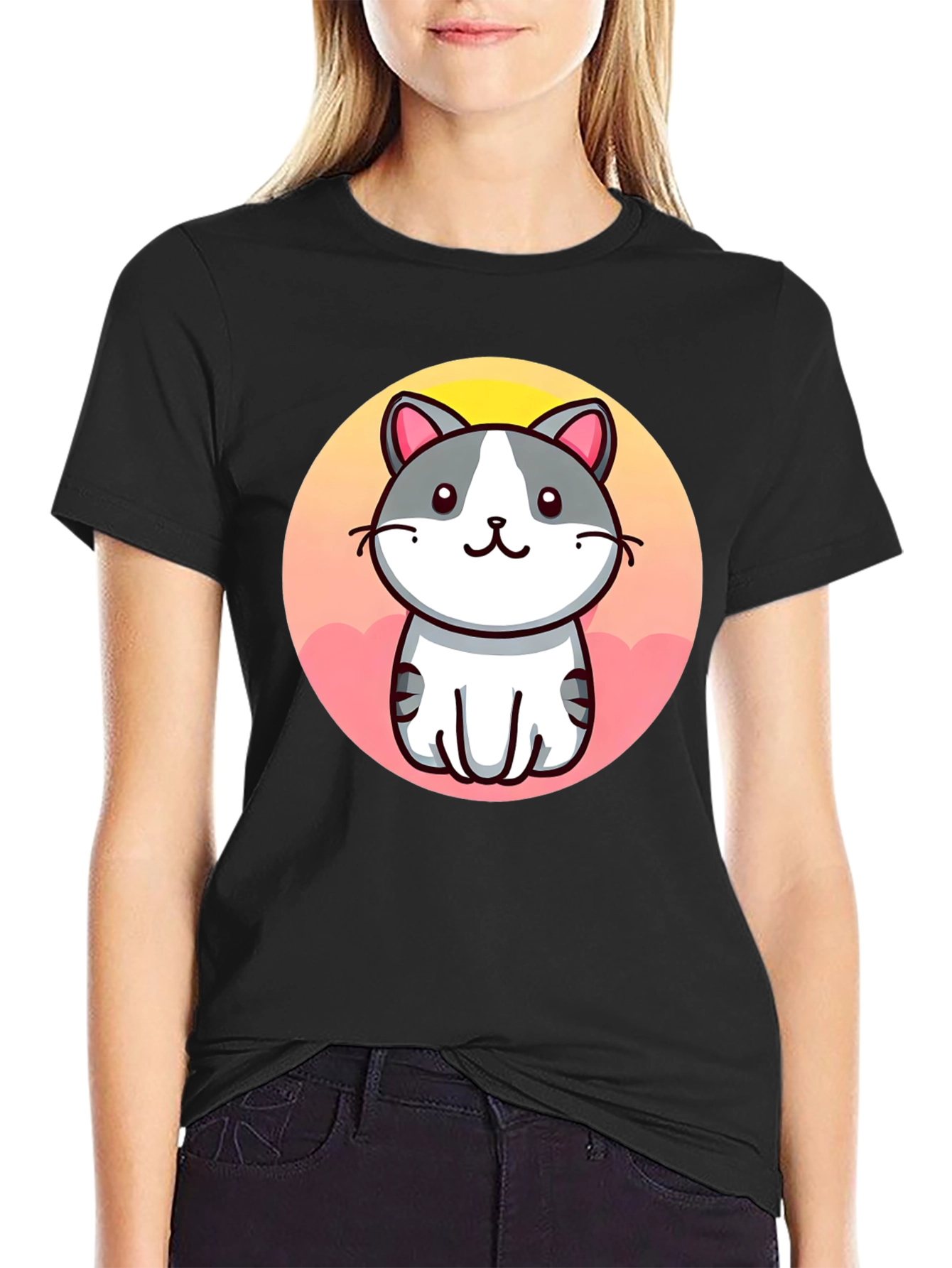 Cute Cartoon Cat Graphic Black T-Shirt