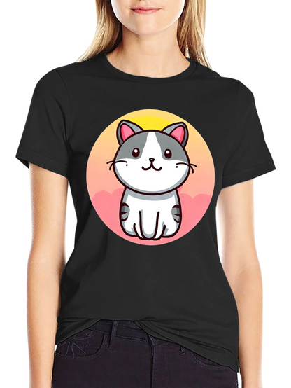 Cute Cartoon Cat Graphic Black T-Shirt