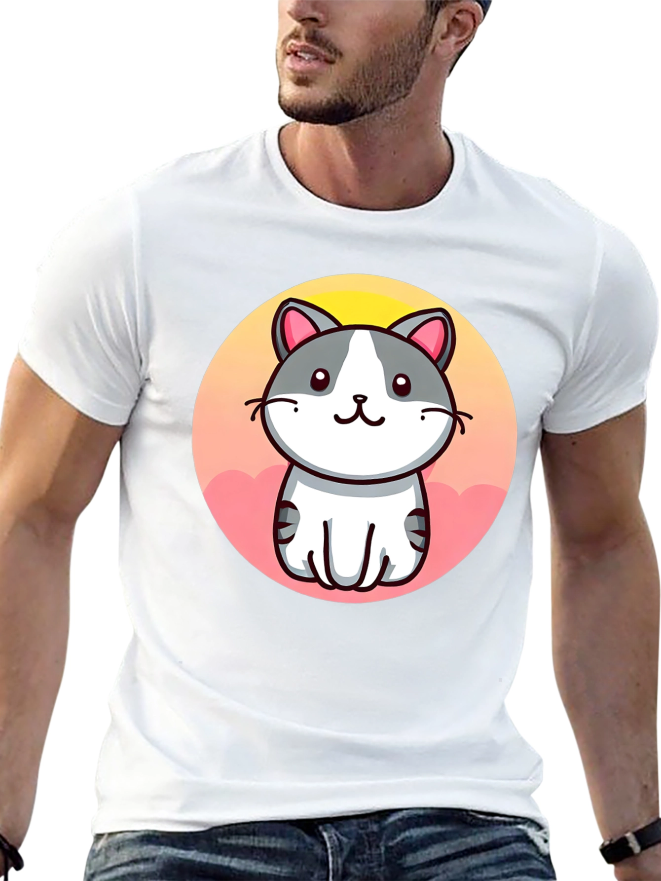 Cute Cartoon Cat Graphic Black T-Shirt