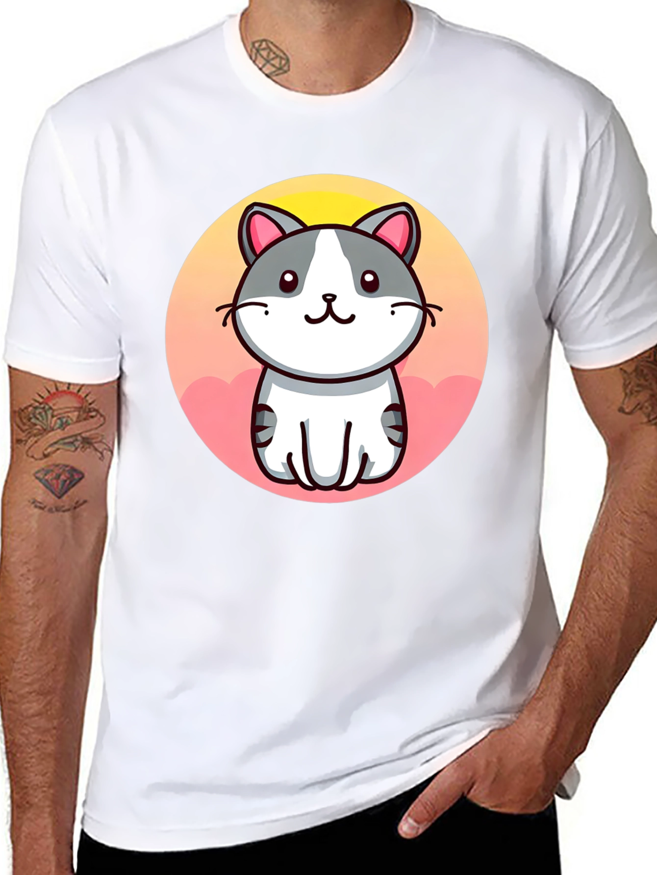 Cute Cartoon Cat Graphic Black T-Shirt