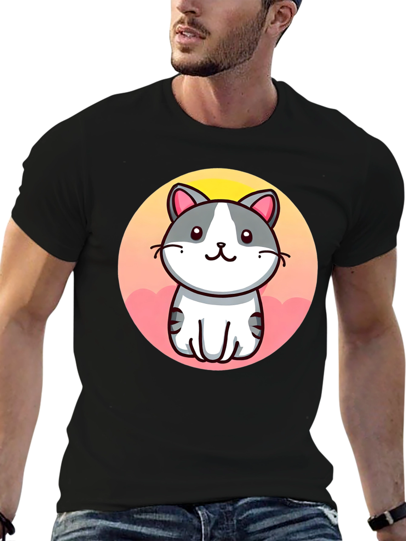 Cute Cartoon Cat Graphic Black T-Shirt