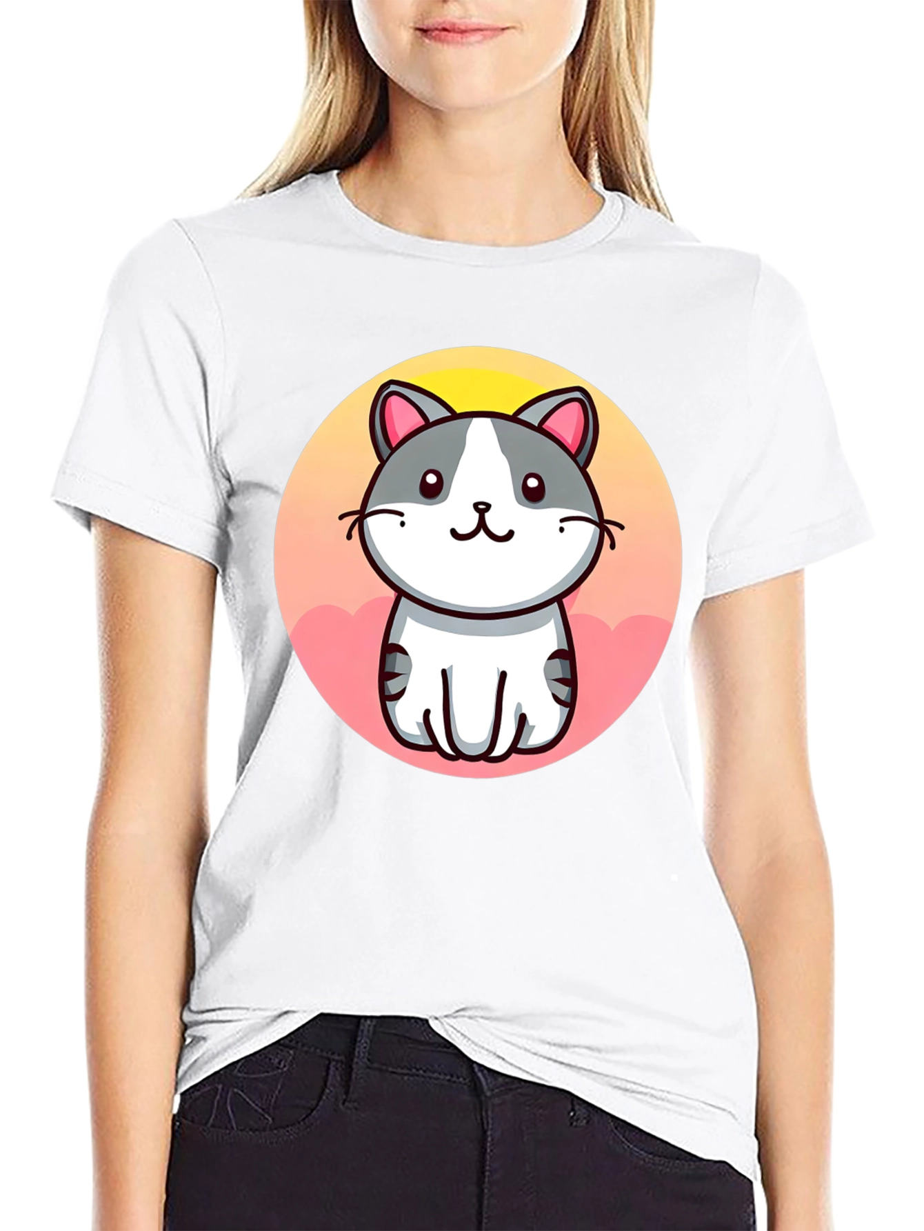 Cute Cartoon Cat Graphic Black T-Shirt