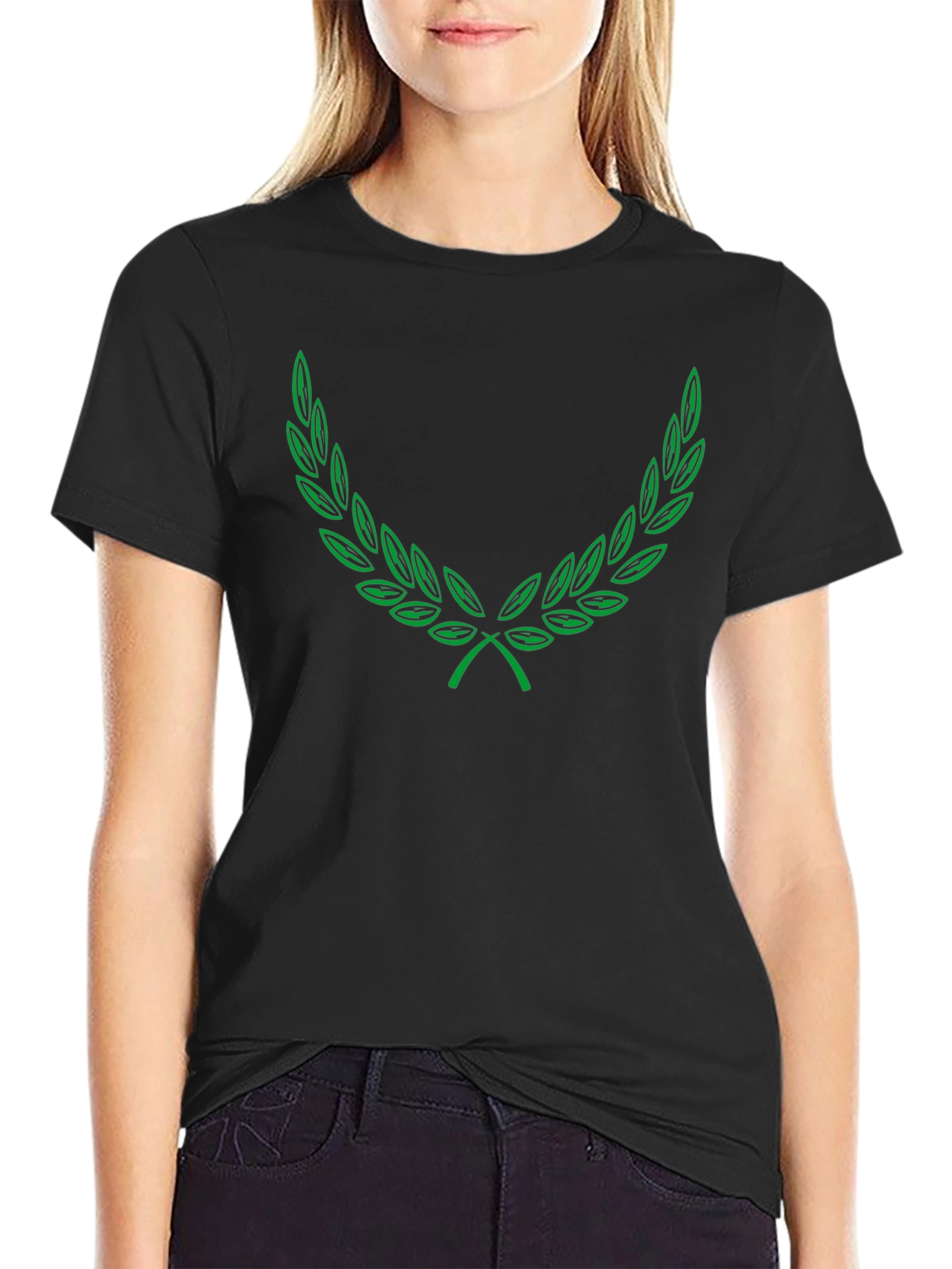 Green Laurel Wreath Graphic Black T-Shirt