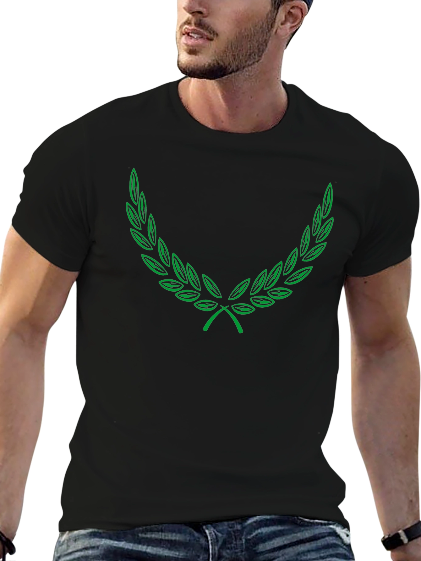 Green Laurel Wreath Graphic Black T-Shirt