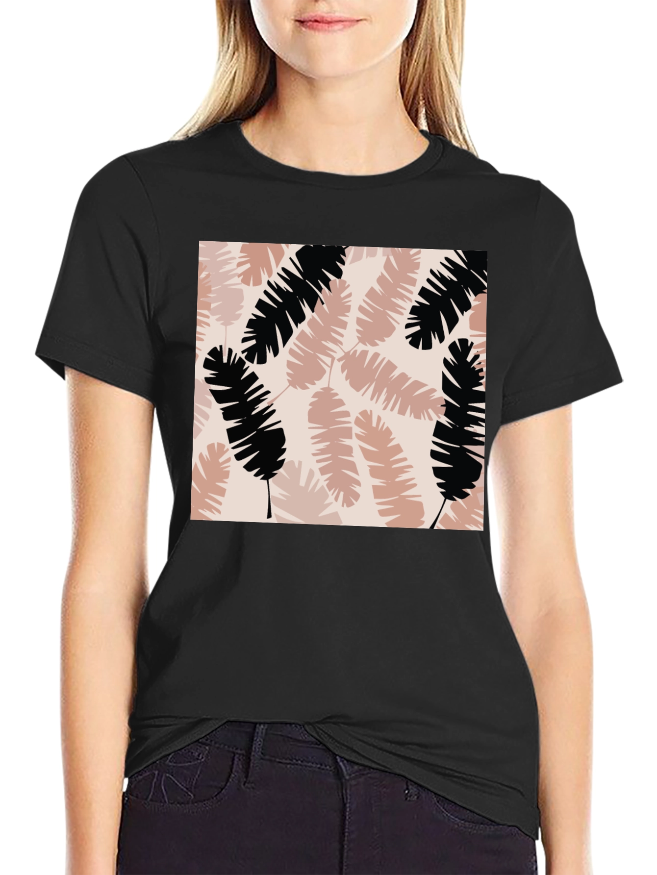 Tropical Leaves Print Black T-Shirt
