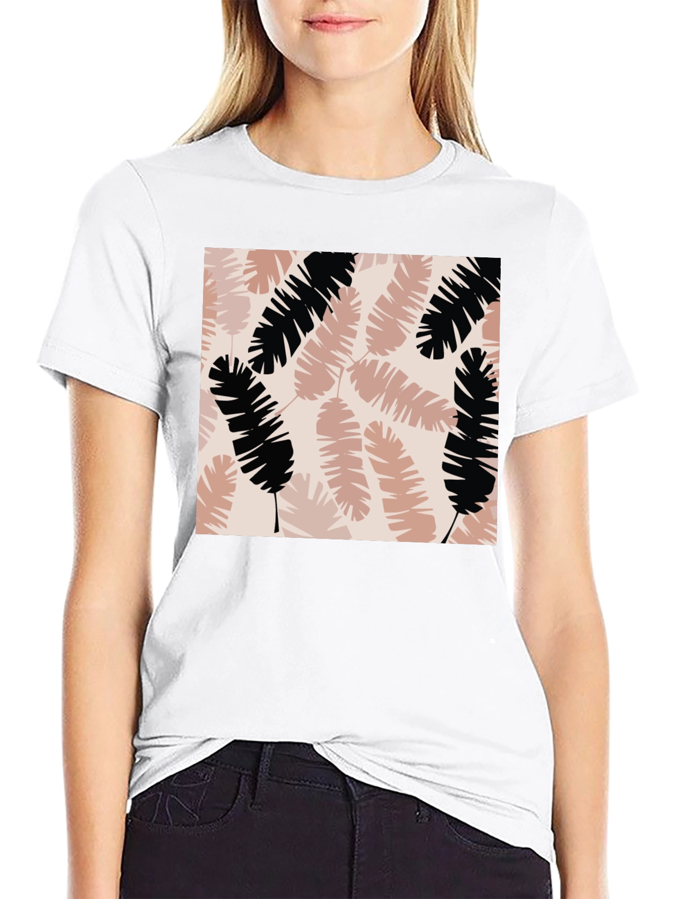 Tropical Leaves Print Black T-Shirt