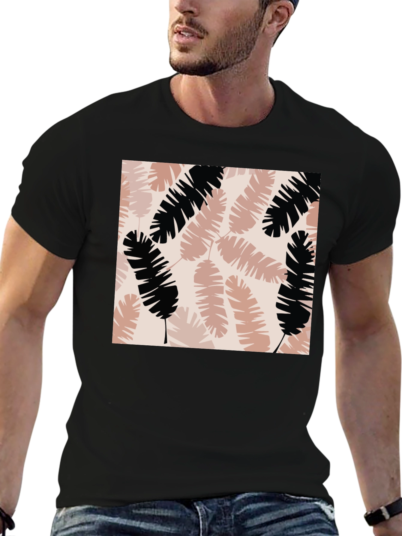 Tropical Leaves Print Black T-Shirt