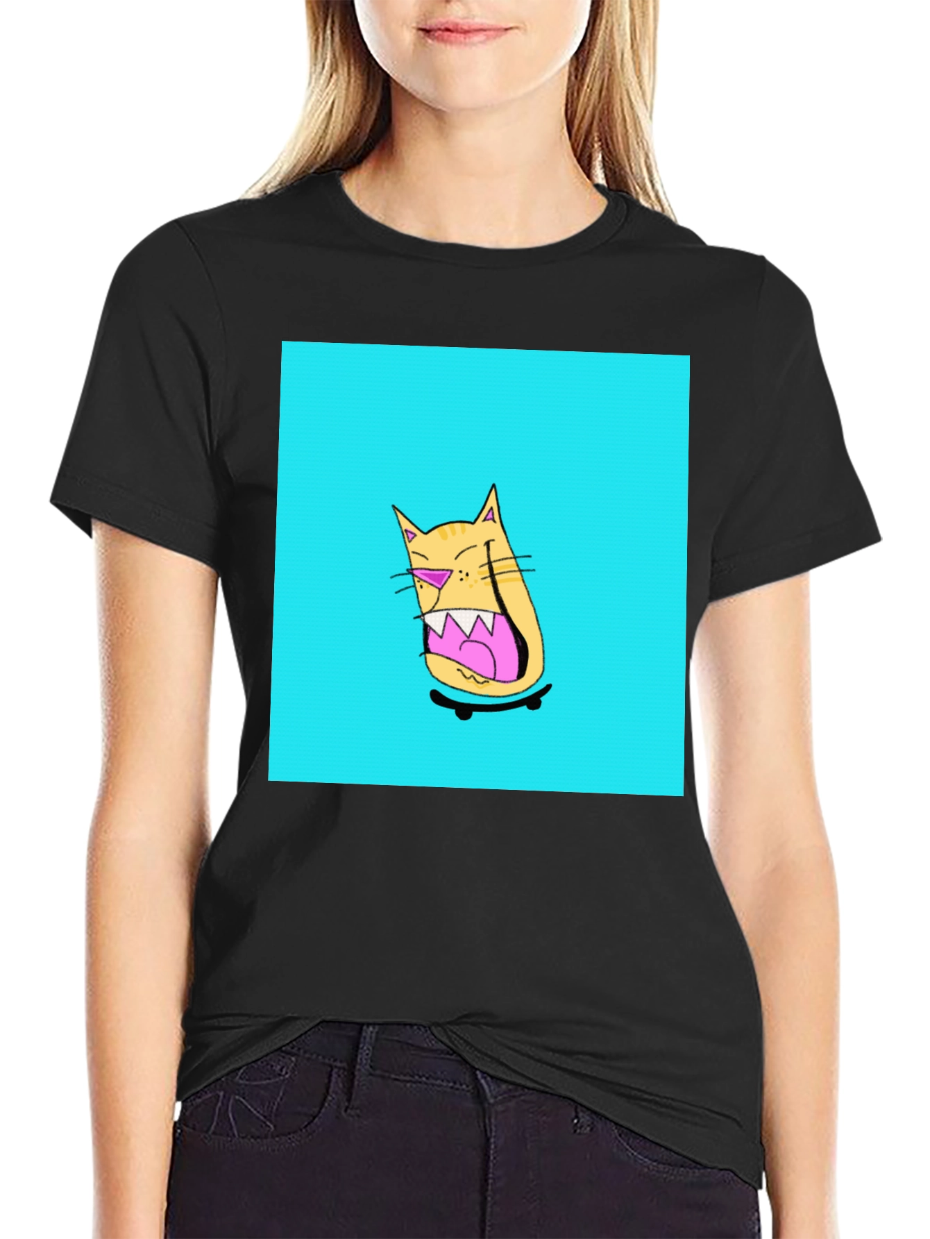 Skateboarding Cat Graphic Tee - Black