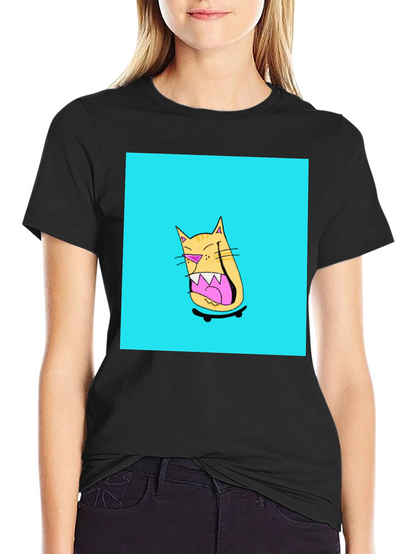 Skateboarding Cat Graphic Tee - Black