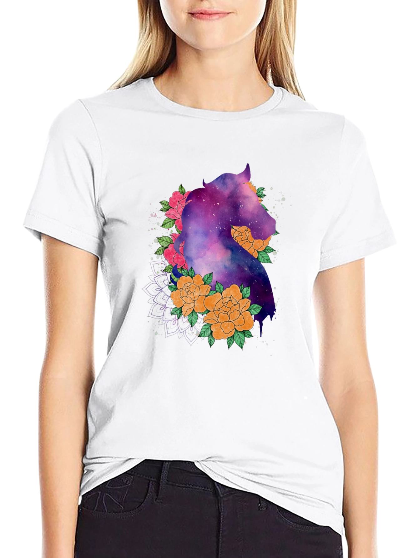 Galaxy Horse Floral Black T-Shirt