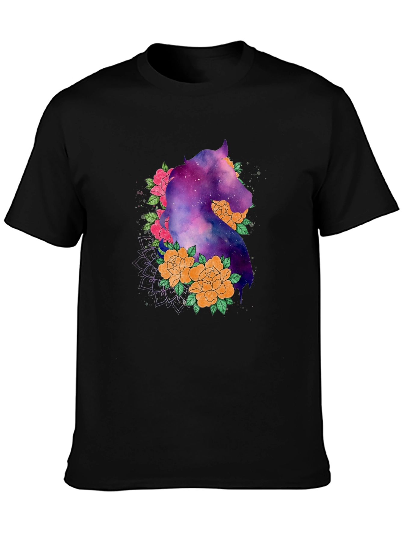 Galaxy Horse Floral Black T-Shirt