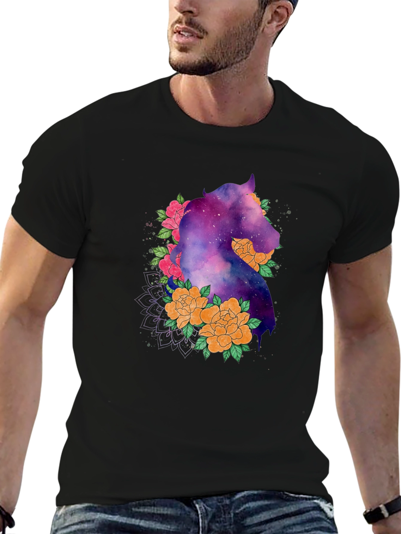 Galaxy Horse Floral Black T-Shirt