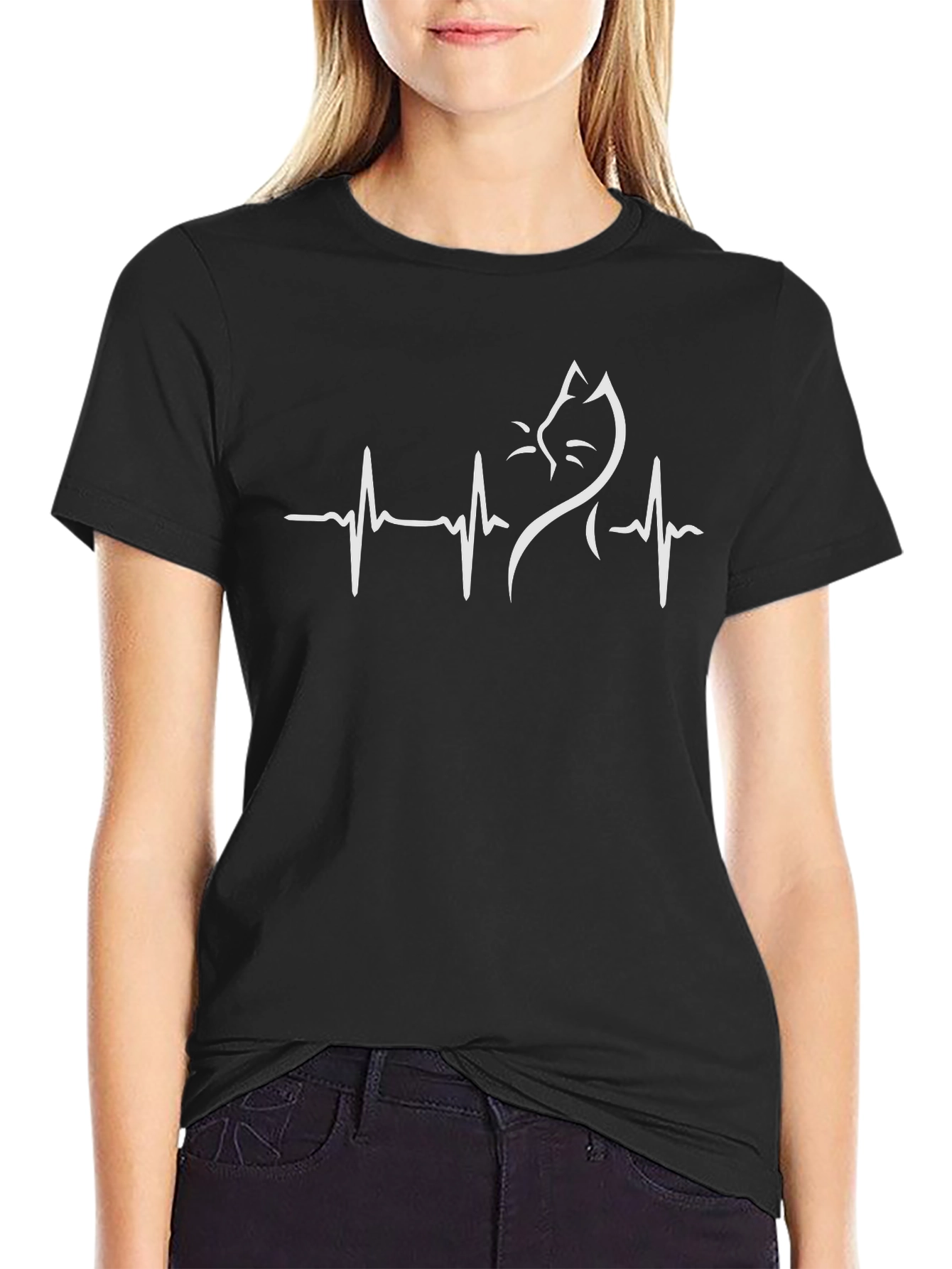 Cat Heartbeat Graphic Tee - Stylish Cotton Blend