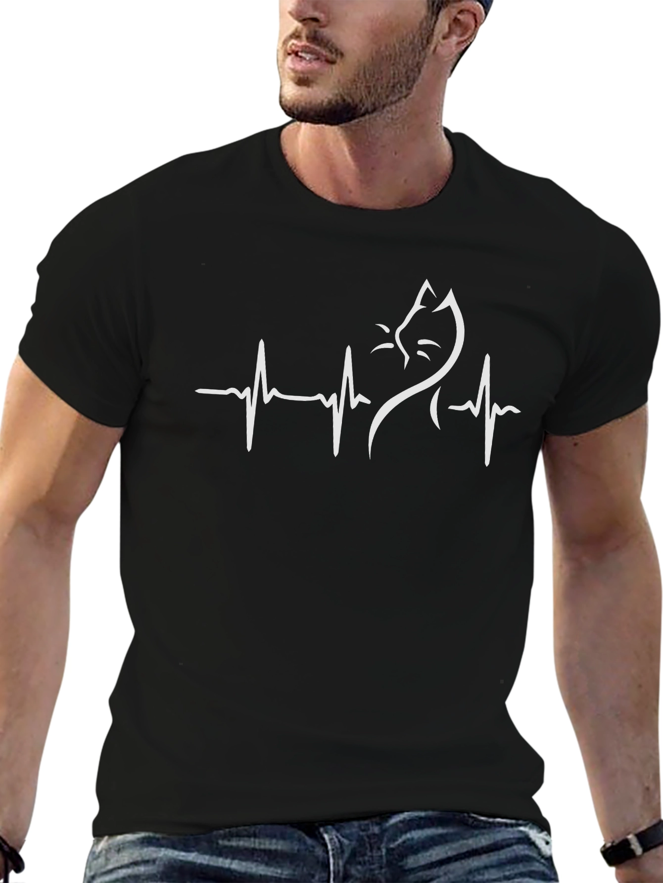 Cat Heartbeat Graphic Tee - Stylish Cotton Blend