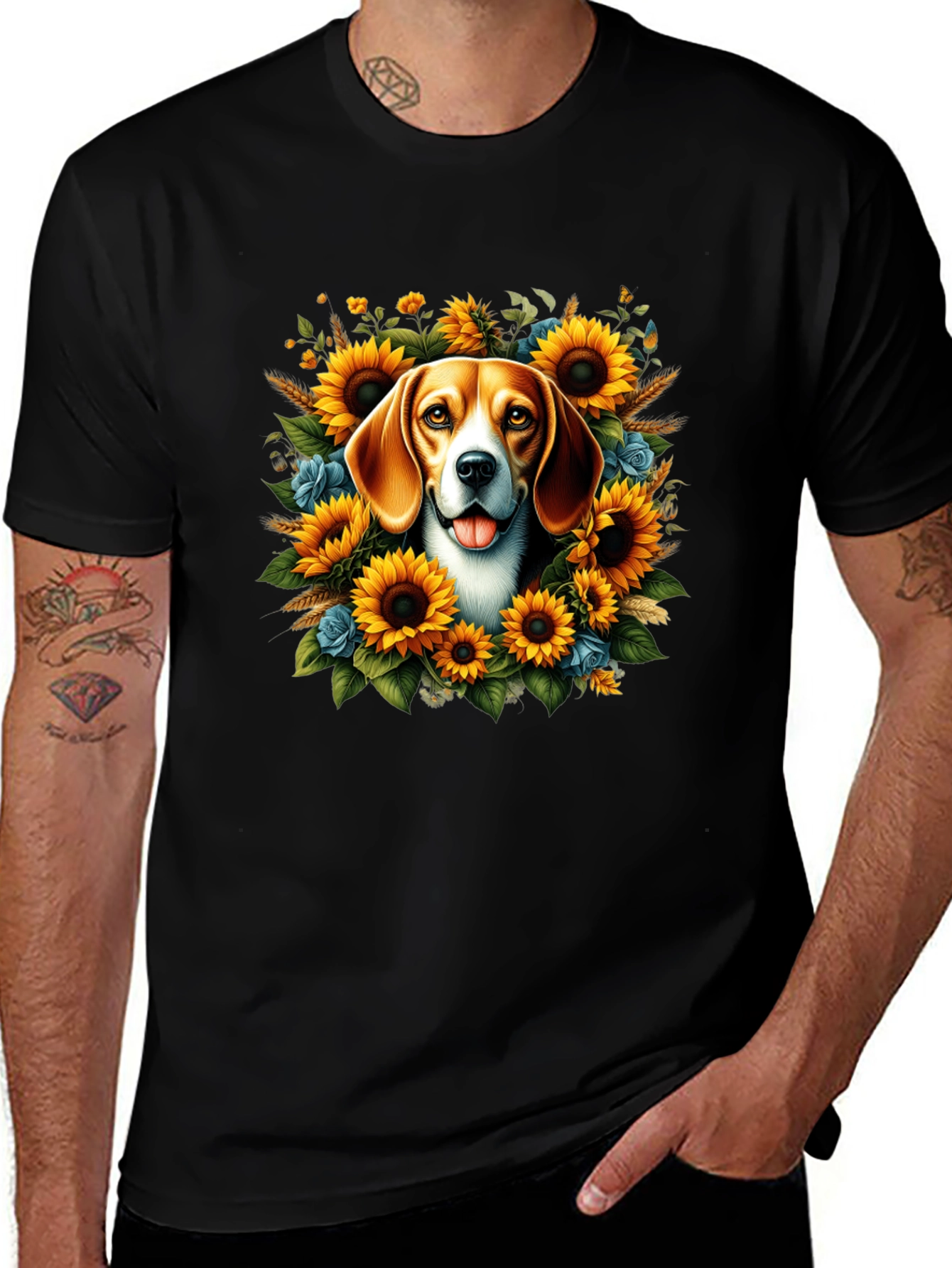 Dog Surrounded by Sunflowers Black T-Shirt
