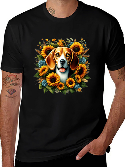 Dog Surrounded by Sunflowers Black T-Shirt