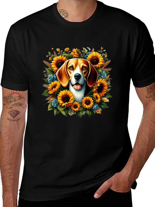 Dog Surrounded by Sunflowers Black T-Shirt