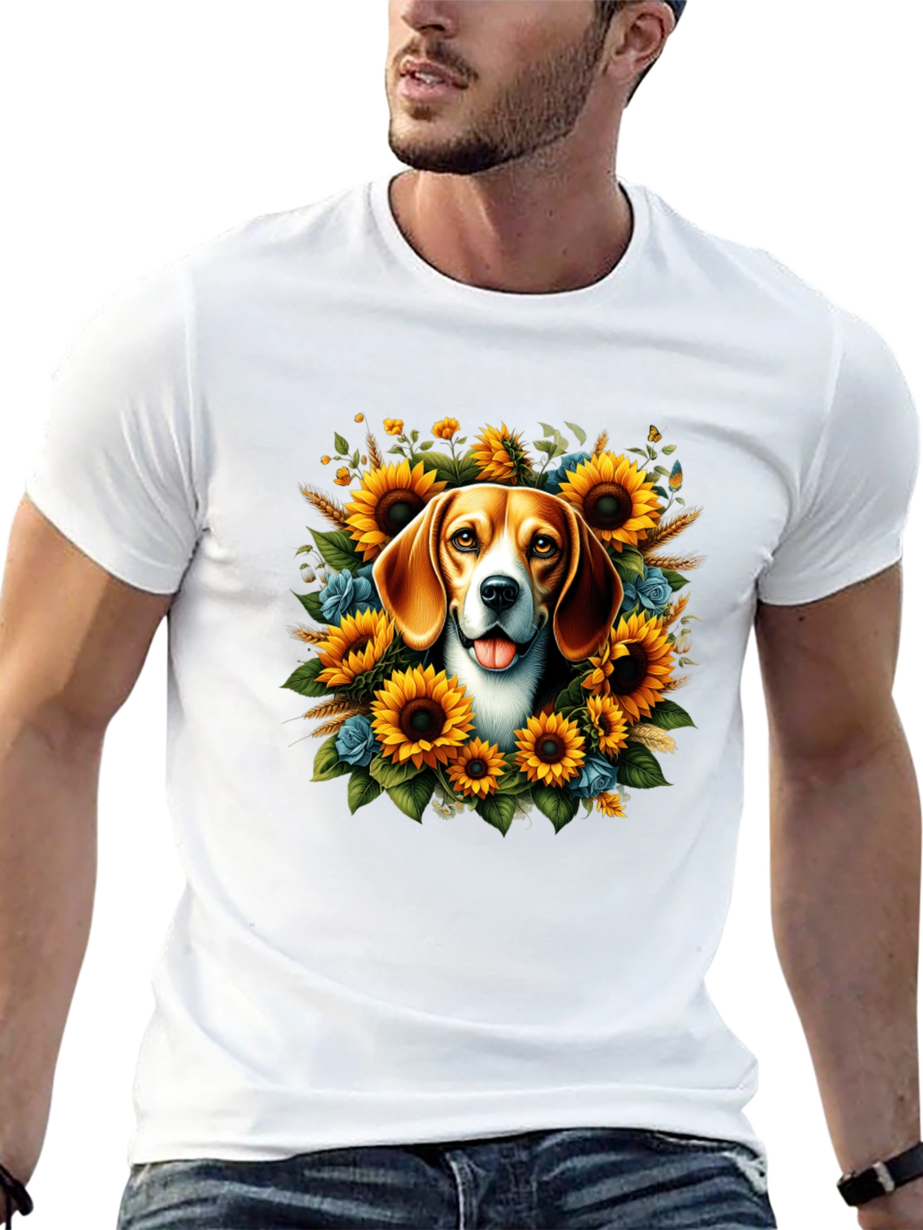 Dog Surrounded by Sunflowers Black T-Shirt