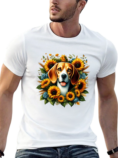 Dog Surrounded by Sunflowers Black T-Shirt