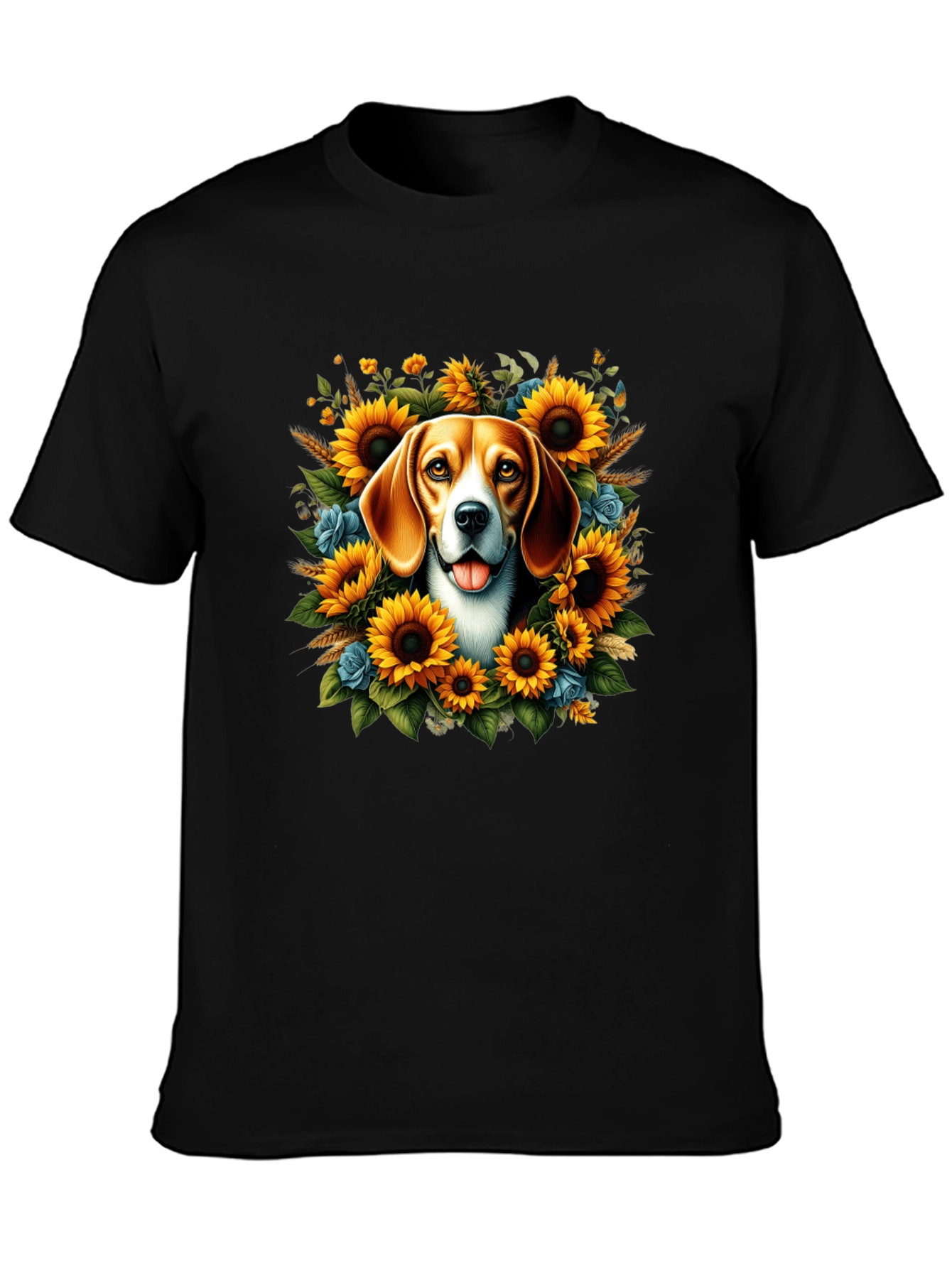 Dog Surrounded by Sunflowers Black T-Shirt
