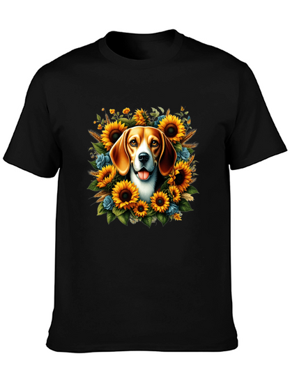 Dog Surrounded by Sunflowers Black T-Shirt