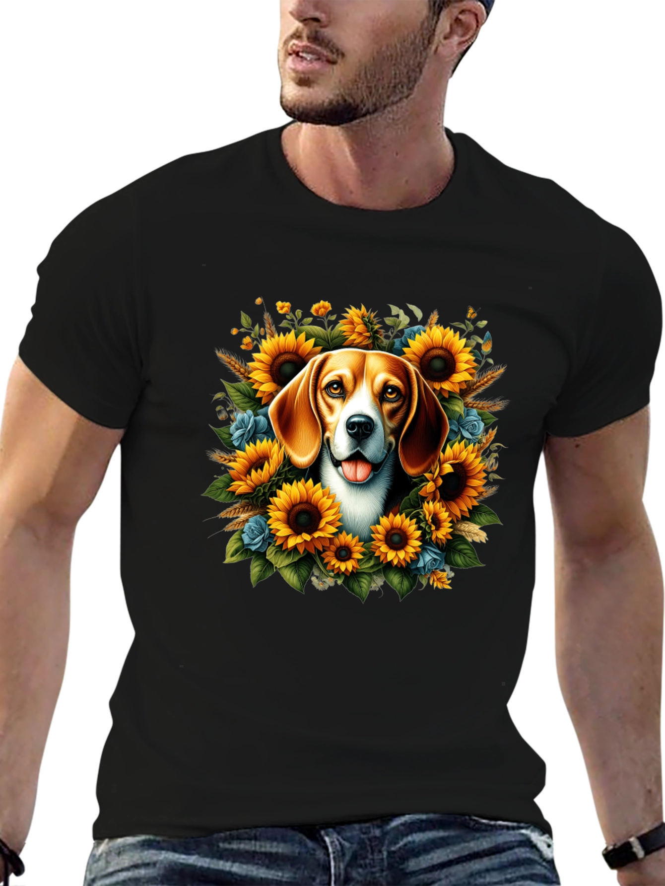 Dog Surrounded by Sunflowers Black T-Shirt