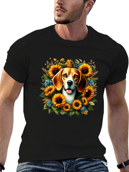 Dog Surrounded by Sunflowers Black T-Shirt