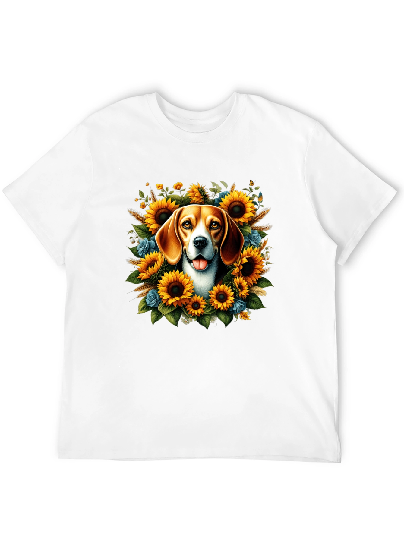 Dog Surrounded by Sunflowers Black T-Shirt