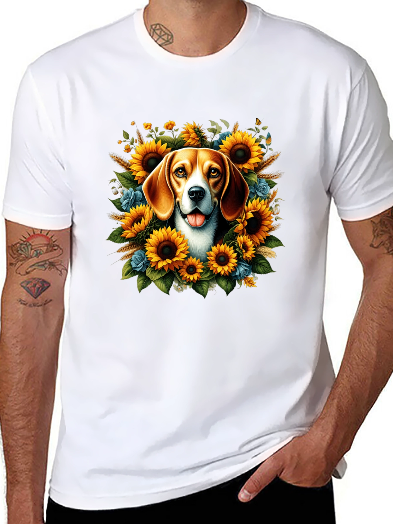 Dog Surrounded by Sunflowers Black T-Shirt