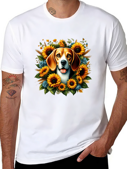 Dog Surrounded by Sunflowers Black T-Shirt