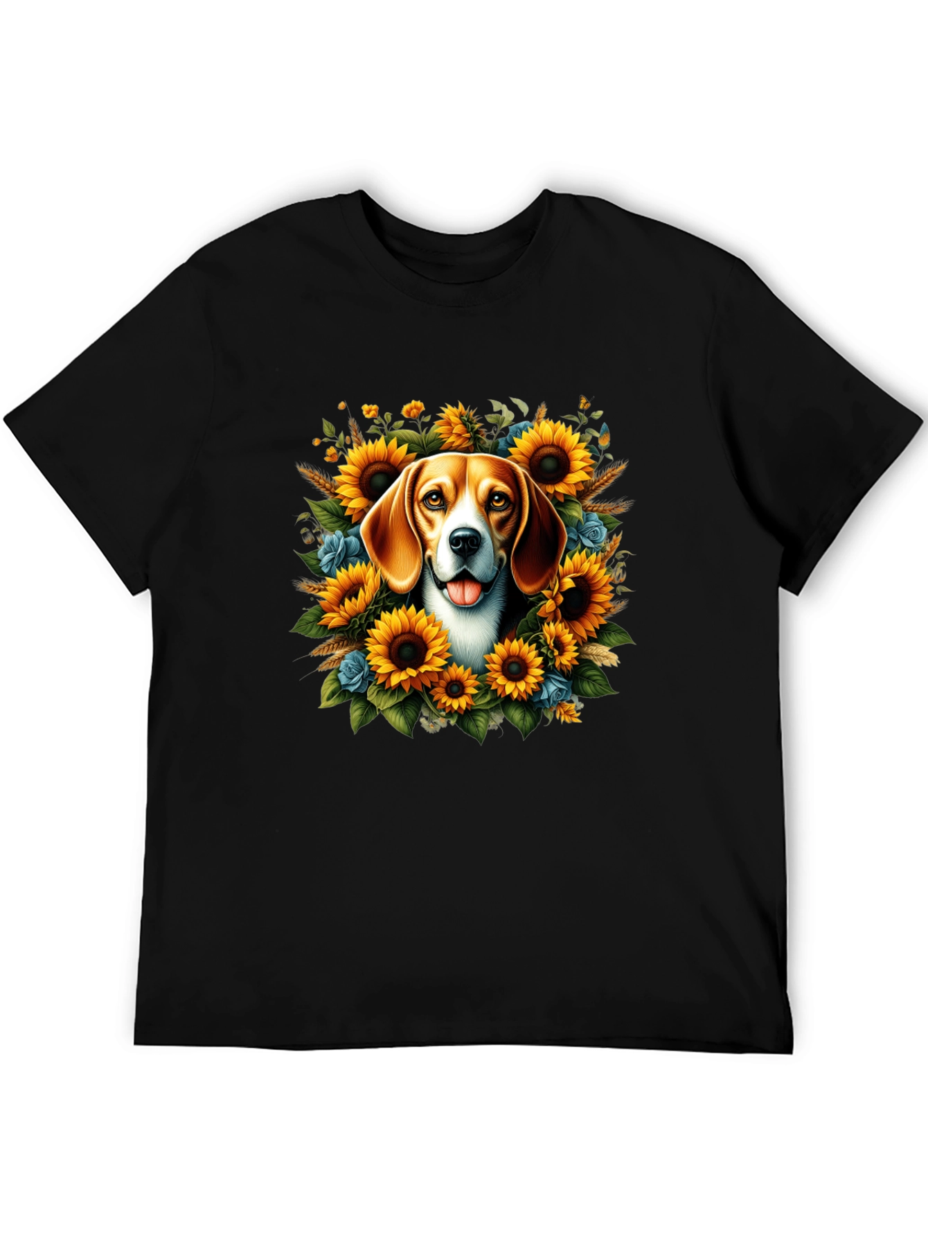 Dog Surrounded by Sunflowers Black T-Shirt