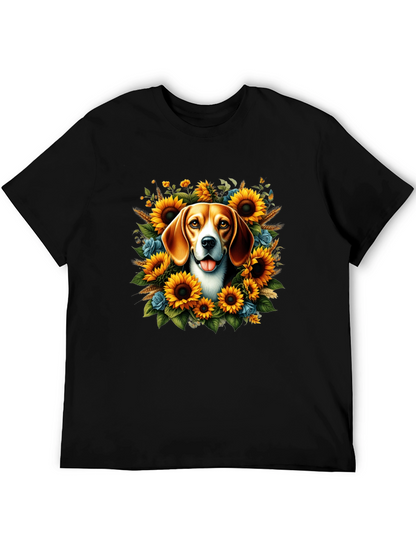 Dog Surrounded by Sunflowers Black T-Shirt