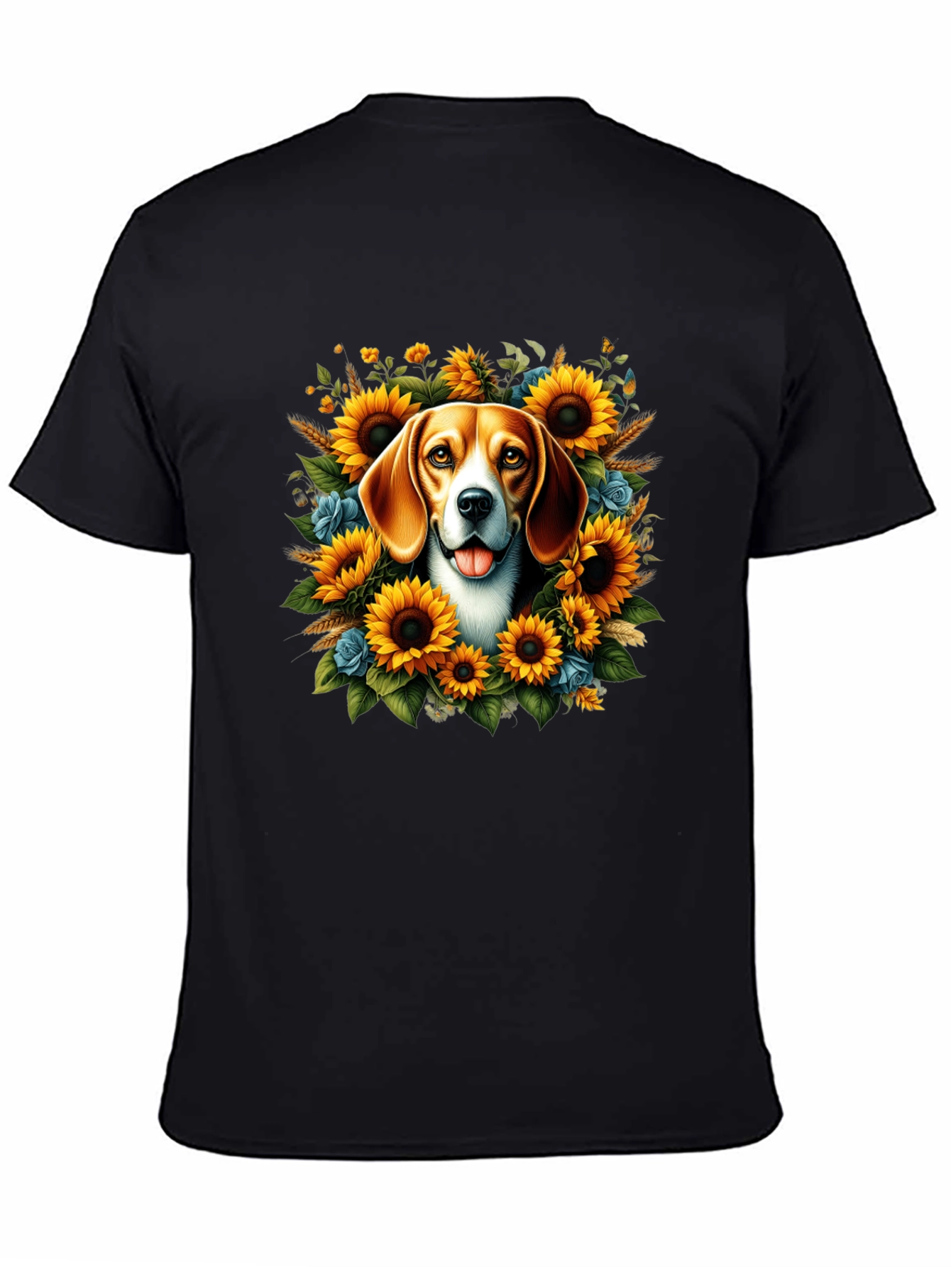 Dog Surrounded by Sunflowers Black T-Shirt