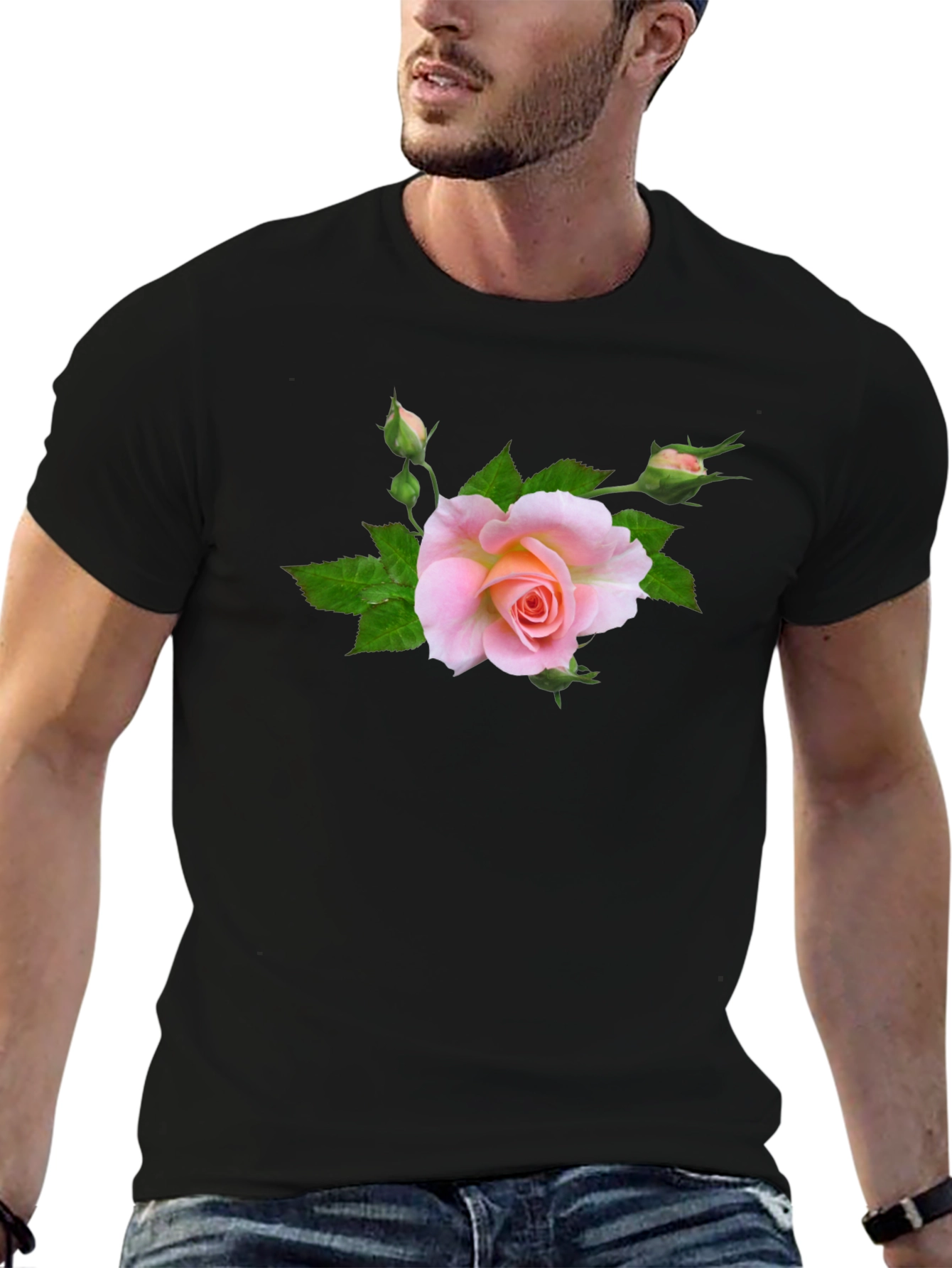 Black T-Shirt with Pink Rose Graphic