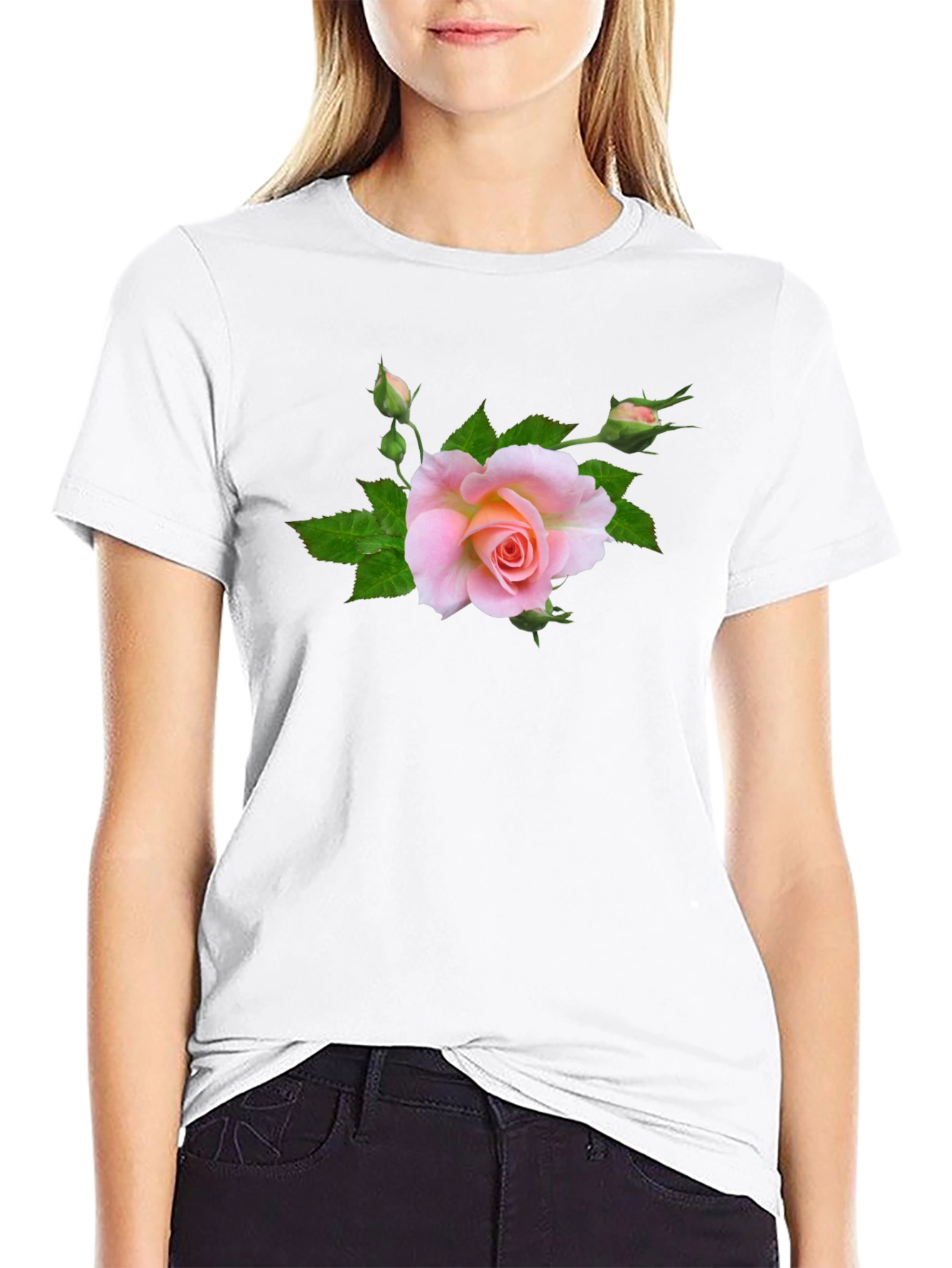Black T-Shirt with Pink Rose Graphic