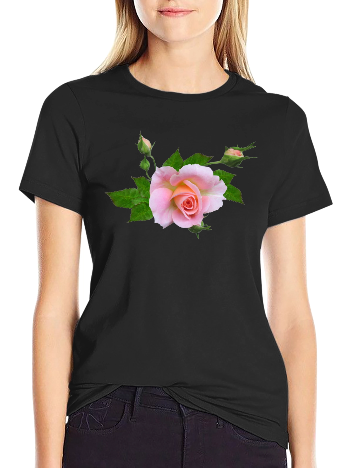 Black T-Shirt with Pink Rose Graphic