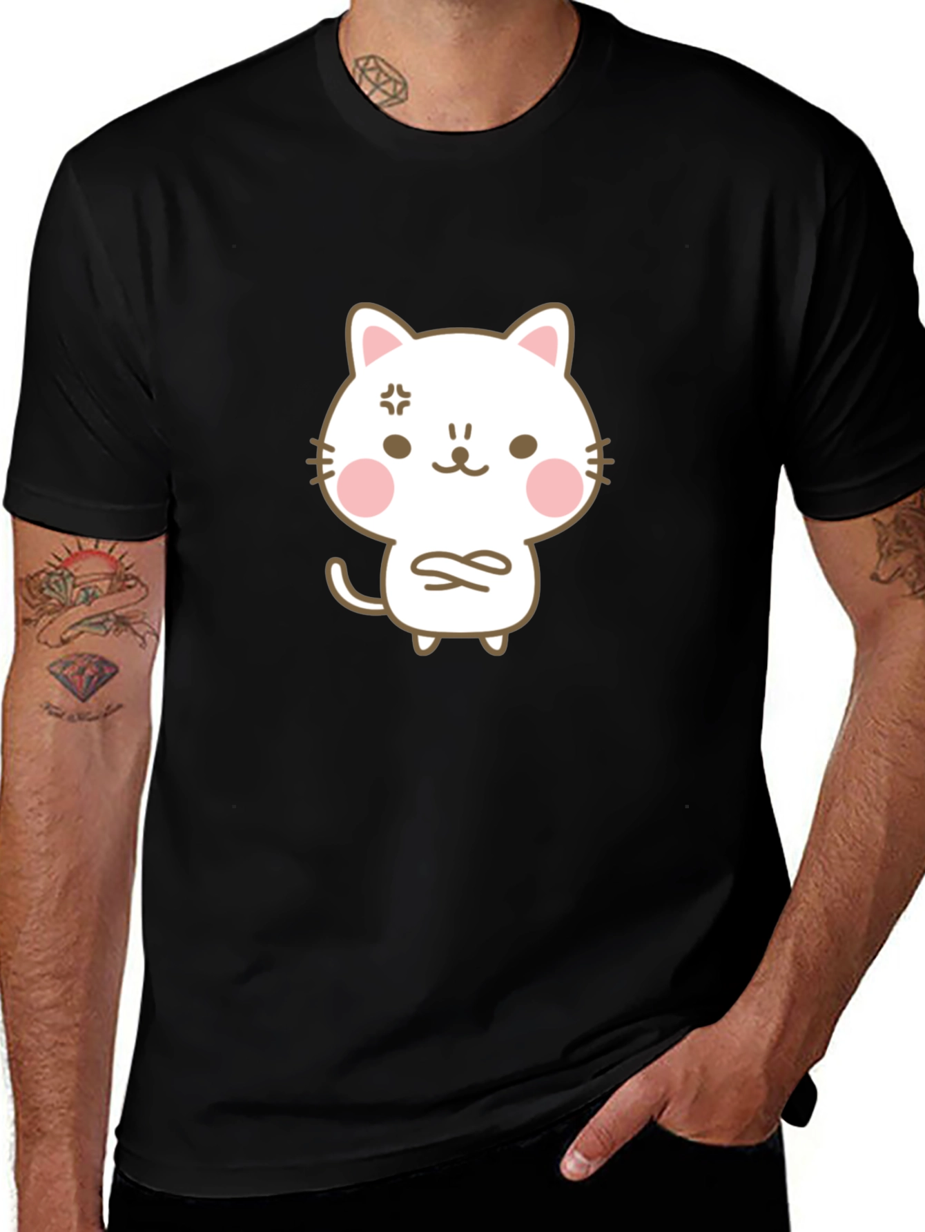 Angry Cat Cartoon Black T-Shirt