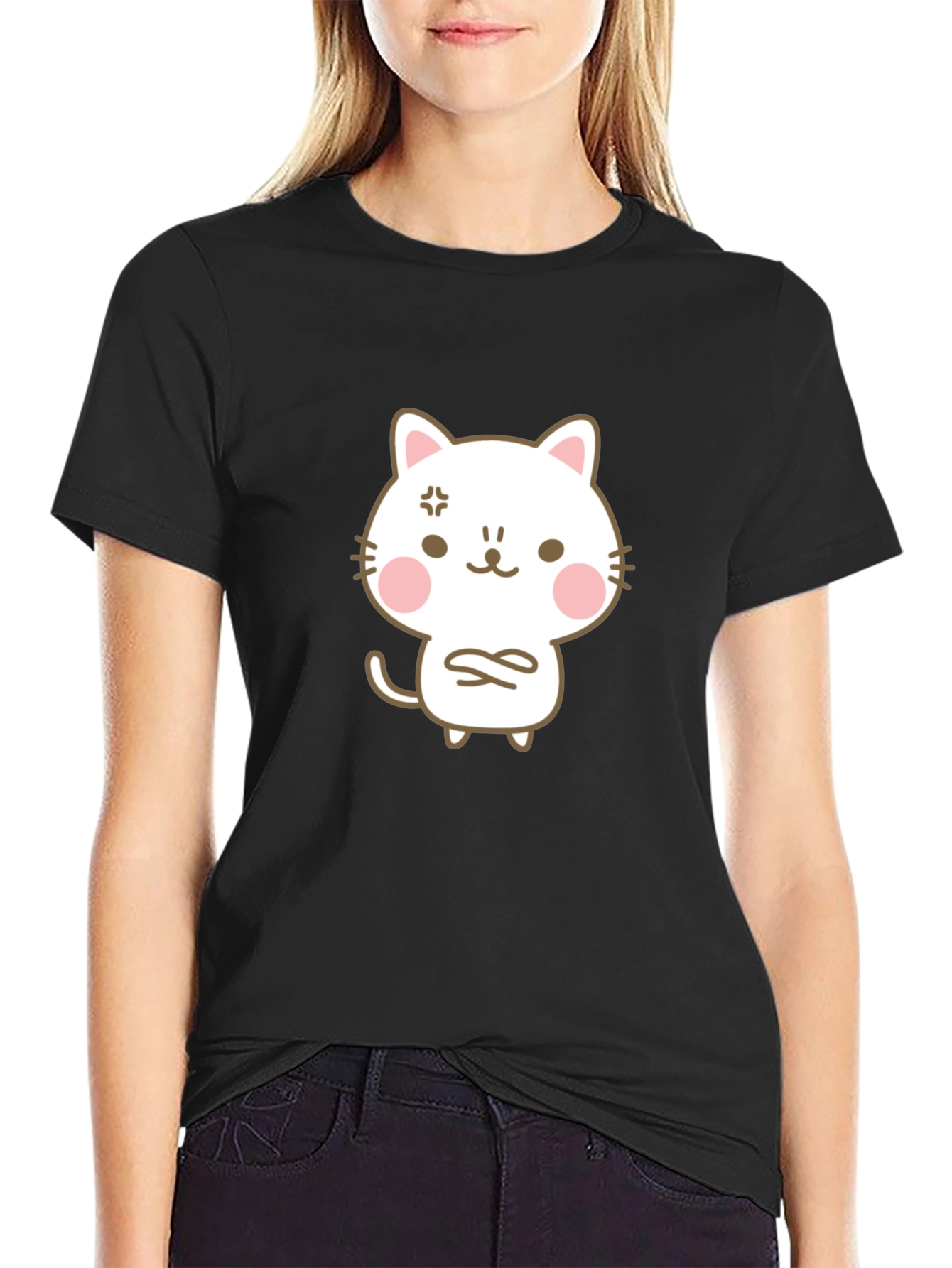 Angry Cat Cartoon Black T-Shirt