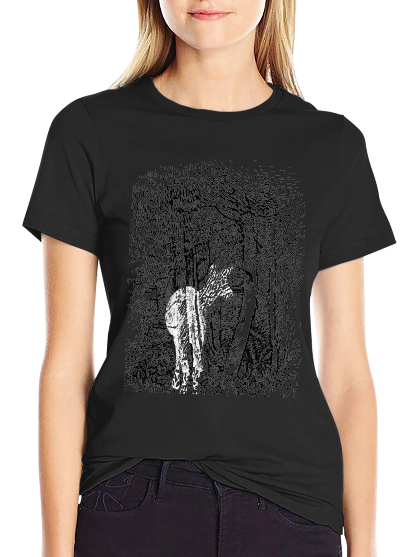 Abstract Deer in Woods Graphic Tee - Black