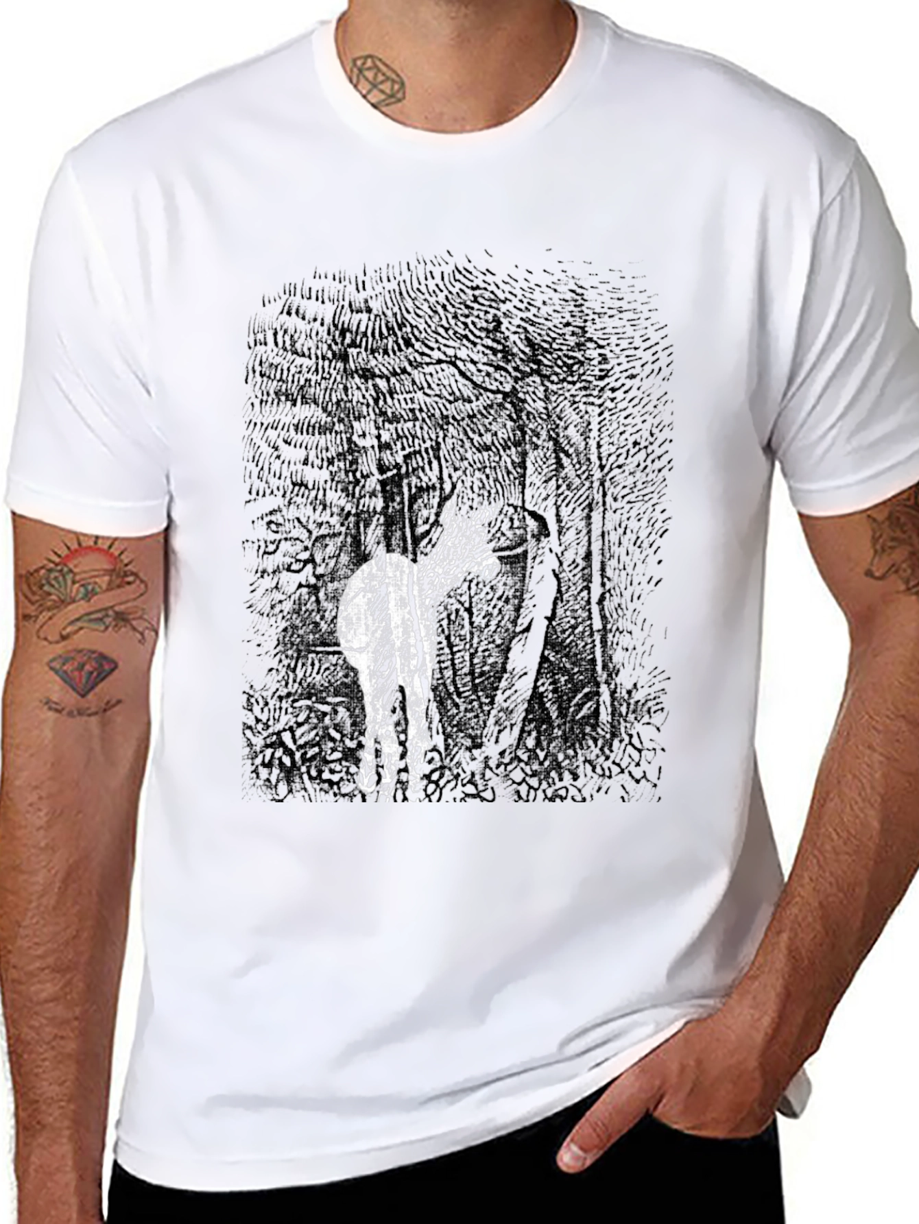 Abstract Deer in Woods Graphic Tee - Black