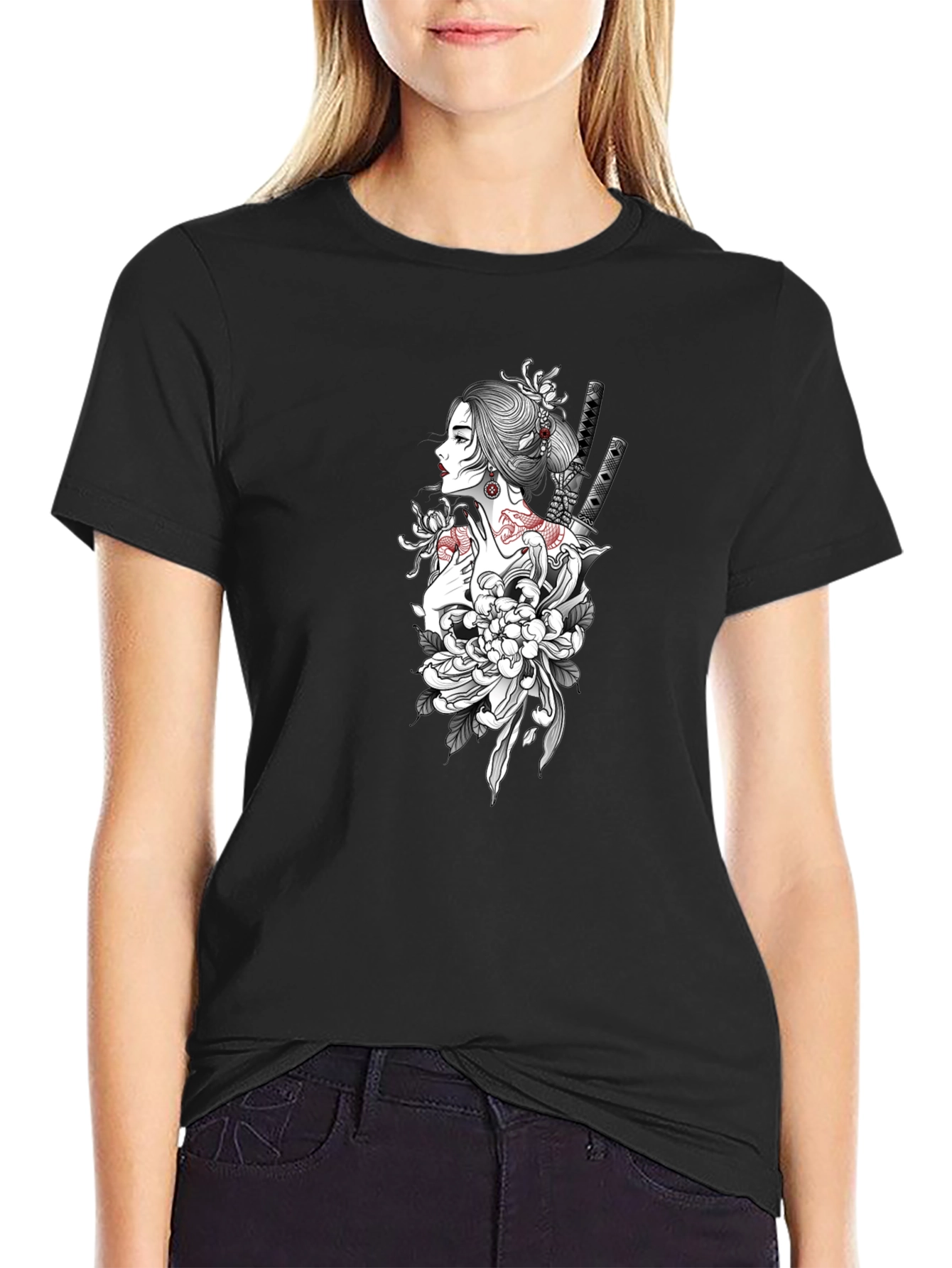 Geisha Graphic Print Black T-Shirt