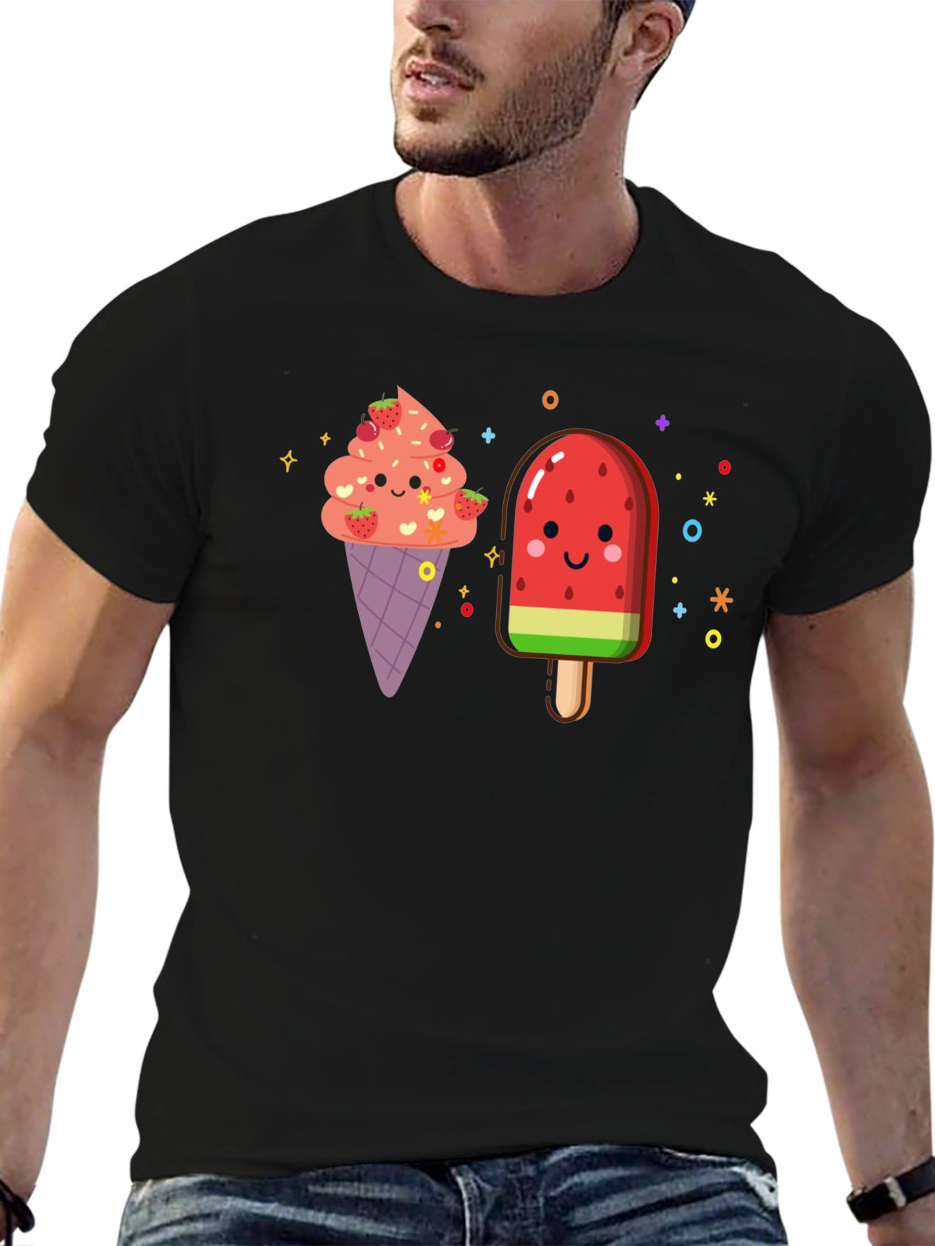 Cute Kawaii Ice Cream & Popsicle Black T-Shirt
