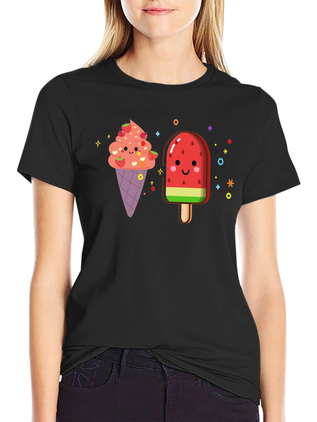 Cute Kawaii Ice Cream & Popsicle Black T-Shirt
