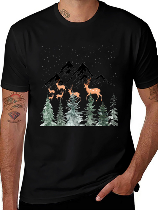 Deer Family in Winter Forest Graphic Tee - Black