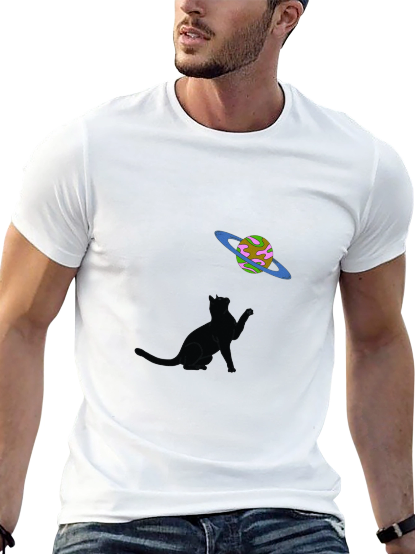 Cat & Planet Graphic Tee - Black Unisex